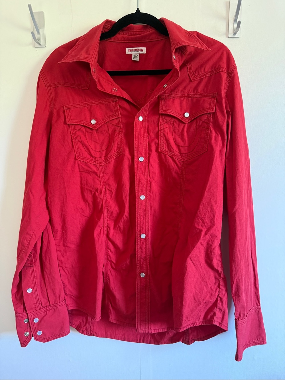 True Religion Red Western Pearl Snap Shirt Cotton Long Sleeve Women’s Large